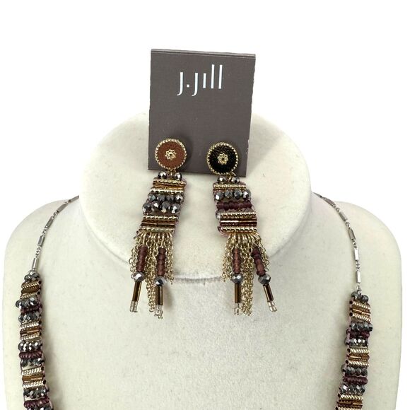 J. Jill Beaded Necklace Fringe Earrings Set Mixed Metal Faceted Iced Statement - Picture 7 of 15